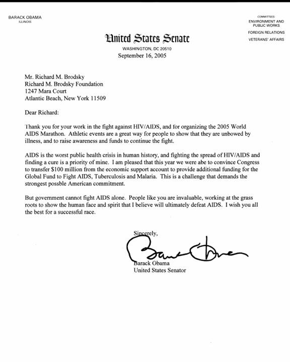 2005 Letter of Support From Barack Obama